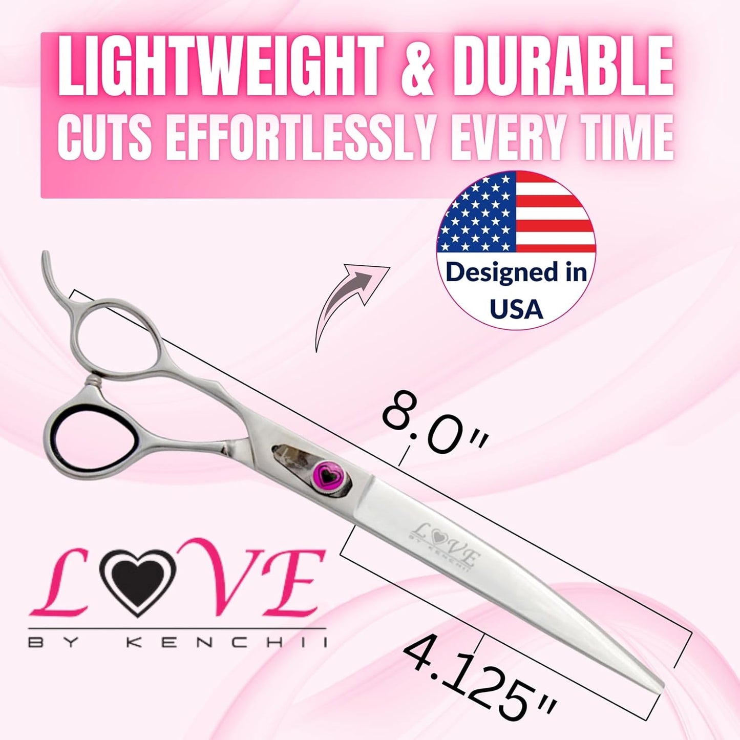Kenchii Love Left Handed Dog Grooming Scissors, 8 Inch Curved Shears, Dog Scissors for Grooming, Professional Pet Grooming Scissors, Ergonomic & Comfortable