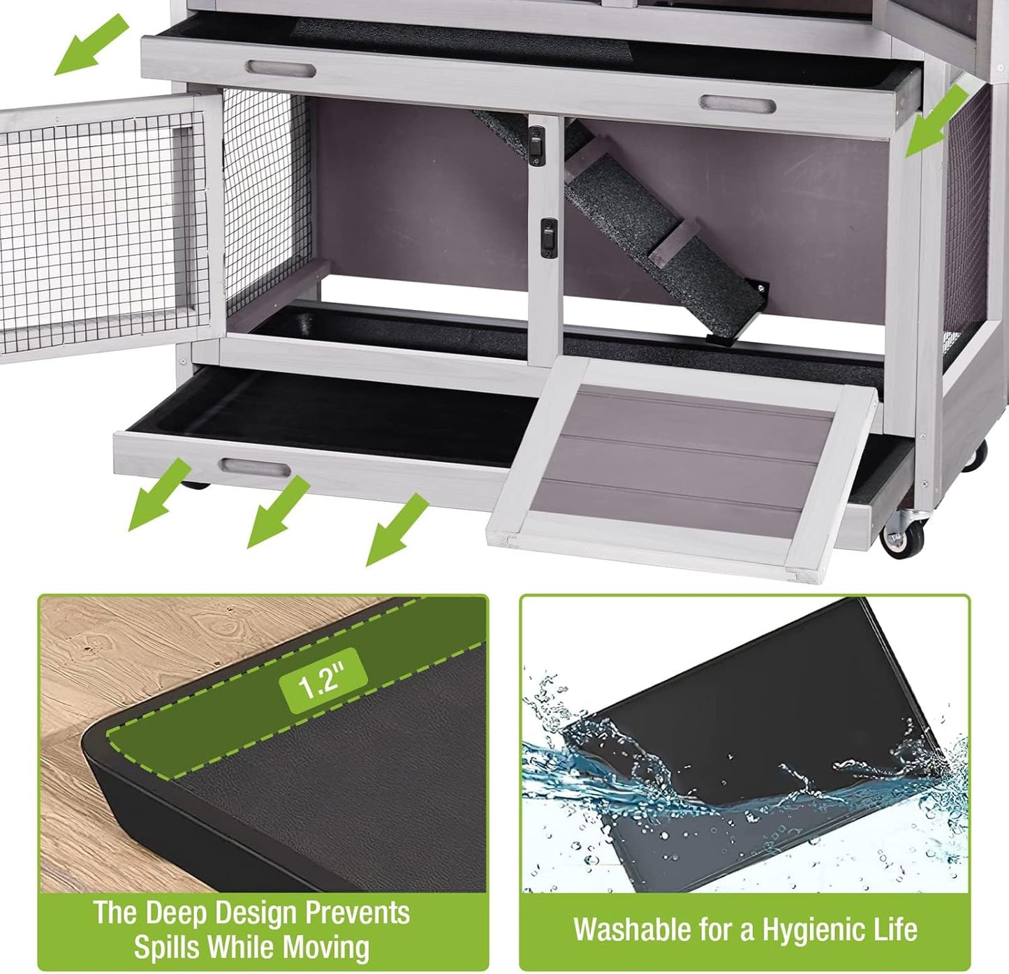 Rabbit Hutch Bunny Cage, Guinea Pig Cage Bunny Hutch Indoor, Wood Pet Cage with 4 Casters -2 Story & 2 Trays