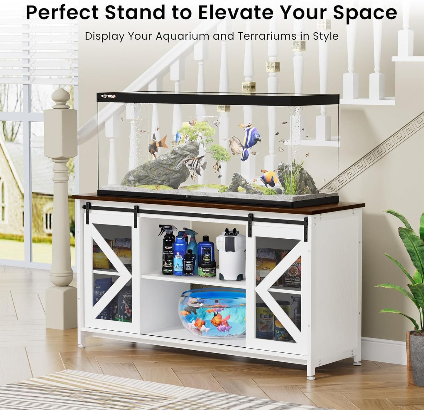 55-75 Gallon Aquarium Stand Heavy Duty Steel Frame, Fish Tank Cabinet with Accessories Storage for Reptile Terrarium & Turtle Tank - 1000lbs Capacity (White)