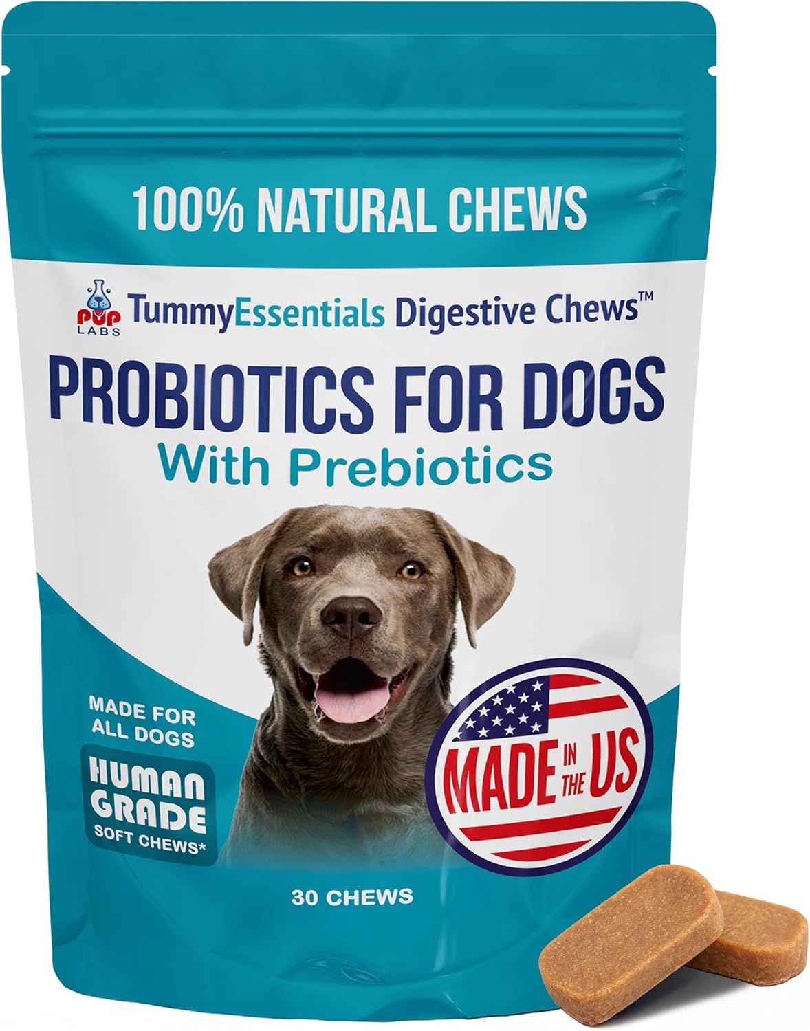 Tummy Essentials Probiotic Chews for Dogs, Supports Gut Health for Dogs and Firm Stools, Helps Eliminate Digestive Dysfunction, Dog Probiotics Made in The USA, 30 Chews