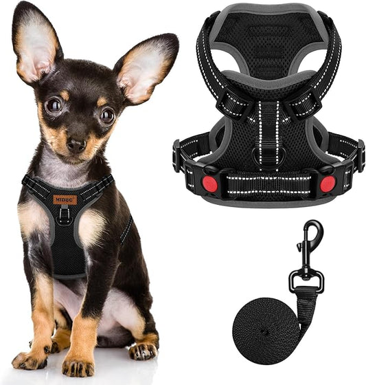 MIDOG No-Pull Dog Harness | Adjustable & Reflective Pet Harness Leash Set for Small Medium Large Dogs Walking, Training| No Choke, Front Clip, Soft Padded Vest with Easy Control Handle - Black, XS