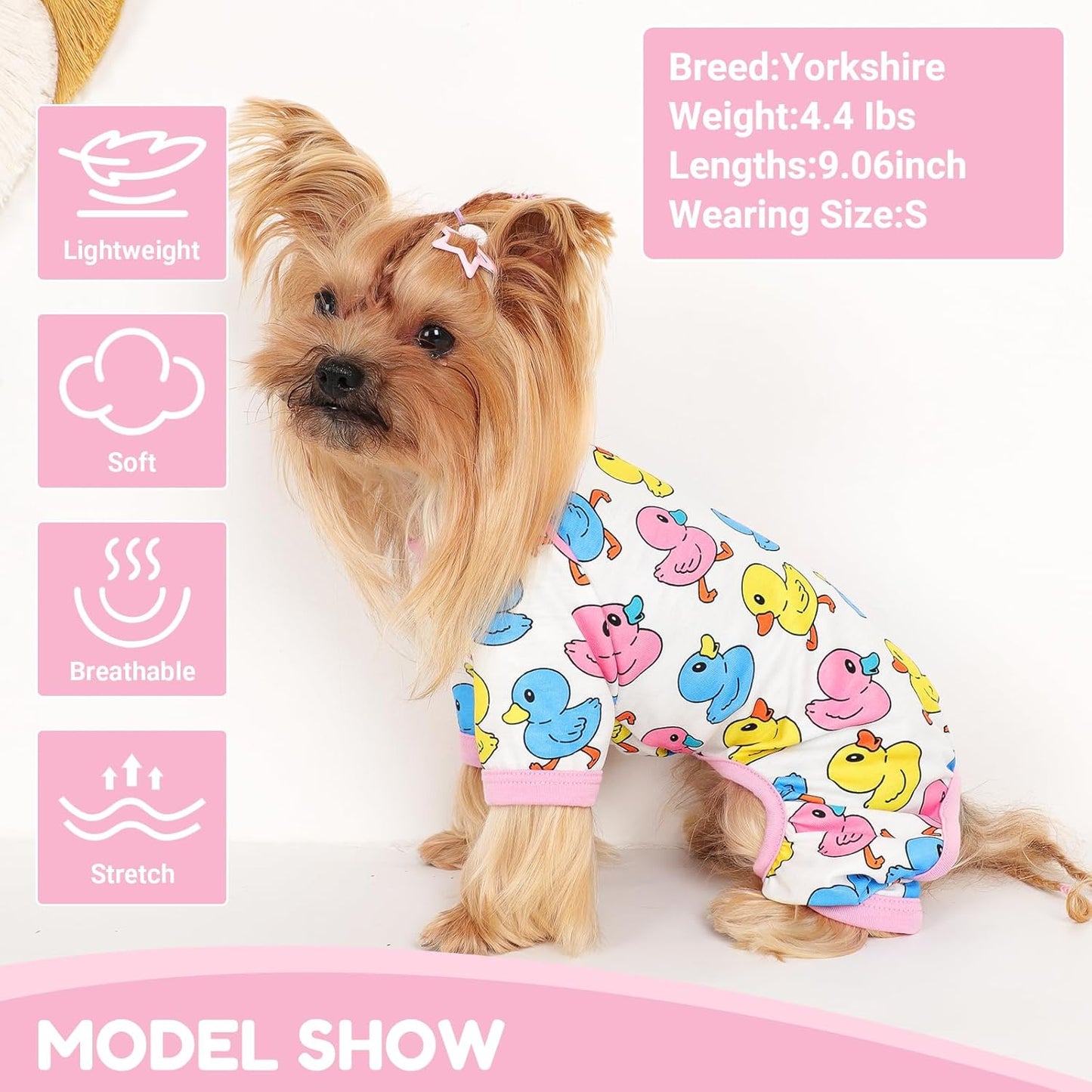 Dog Pajamas Small Sized Dogs Stretchable Summer Dog Clothes Pjs 4 Legs Girl Boy Cute Soft Puppy Outfits Doggie Cat Jammies Jumpsuit Sleeper for Pet (Duck, Small)