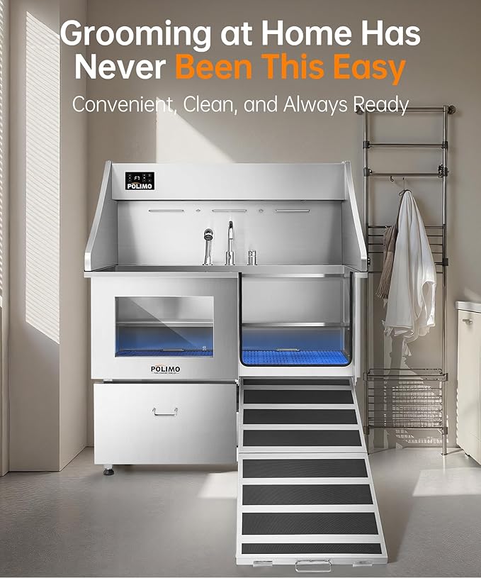 polimo Dog Washing Station with Dryer & LED, Professional Stainless Steel Grooming Tub, Dog Bathtub for Large, Medium & Small Dog, w/Window, Ramp, Drawer, Floor Grate &Fauct （Right RAMP & Dryer, 50"）