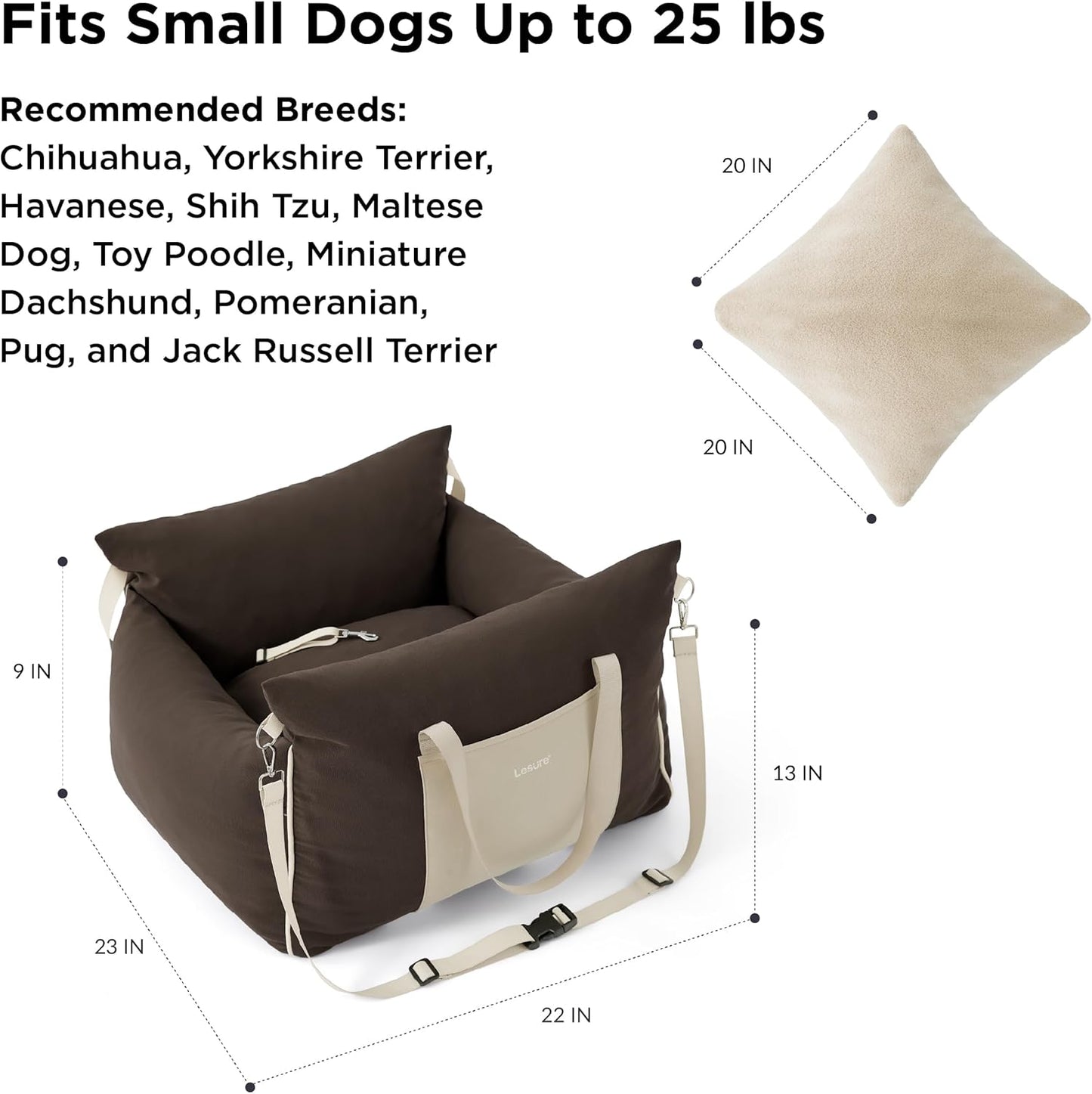 Lesure Small Dog Car Seat for Small Dogs - Soft Dog Booster Seat for Car with Storage Pocket and Clip-On Safety Leash and Thickened Memory Foam Filling, Pet Travel Carrier Bed Brown