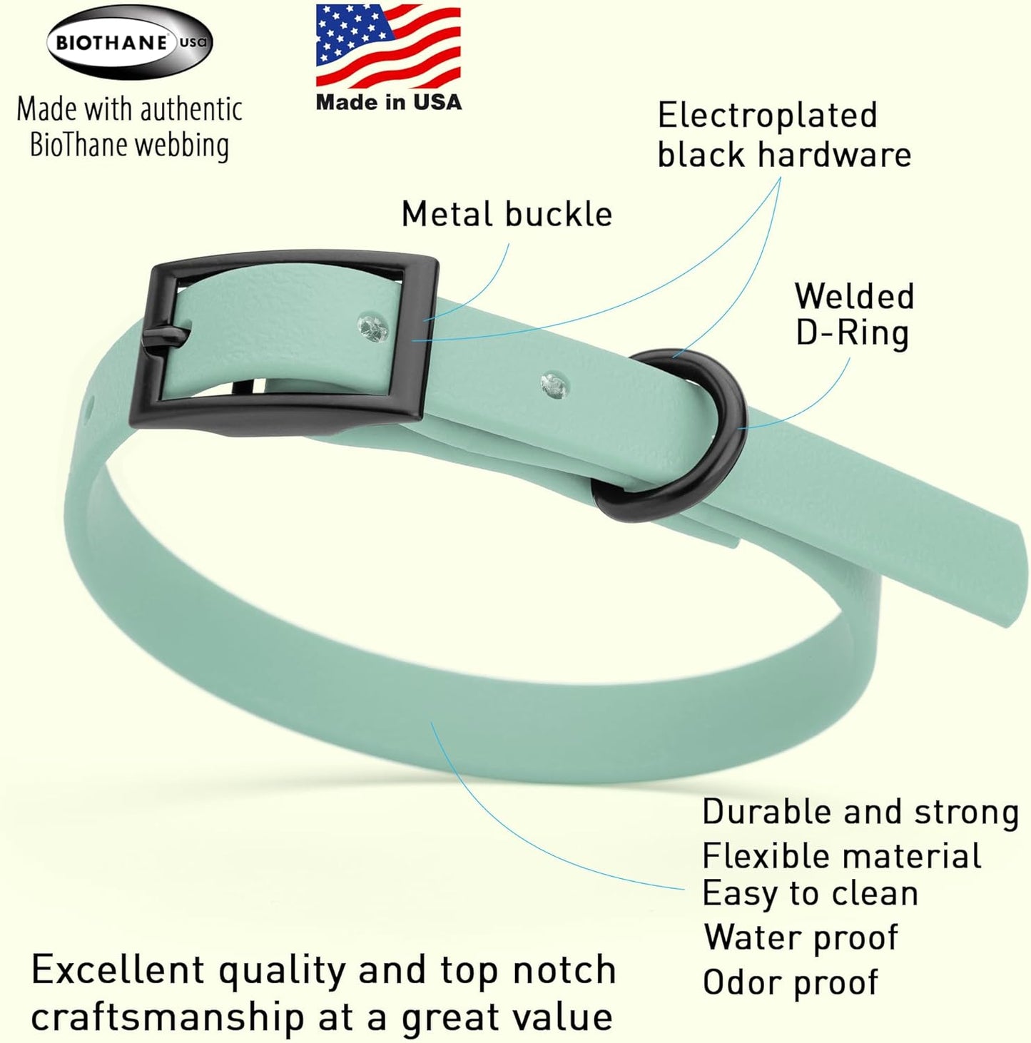 Dogline Biothane Waterproof Dog Collar Strong Coated Nylon Webbing with Black Hardware Odor- Proof for Easy Care Easy to Clean High Performance Fits Small Medium or Large Dogs, Sage Green