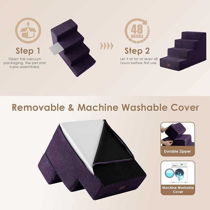 EHEYCIGA Dog Stairs for Bed 20" H, 4-Step Extra Wide Dog Steps for High Bed, Pet Steps for Small Dogs and Cats, Non-Slip Balanced Pet Ramp Indoor, Purple