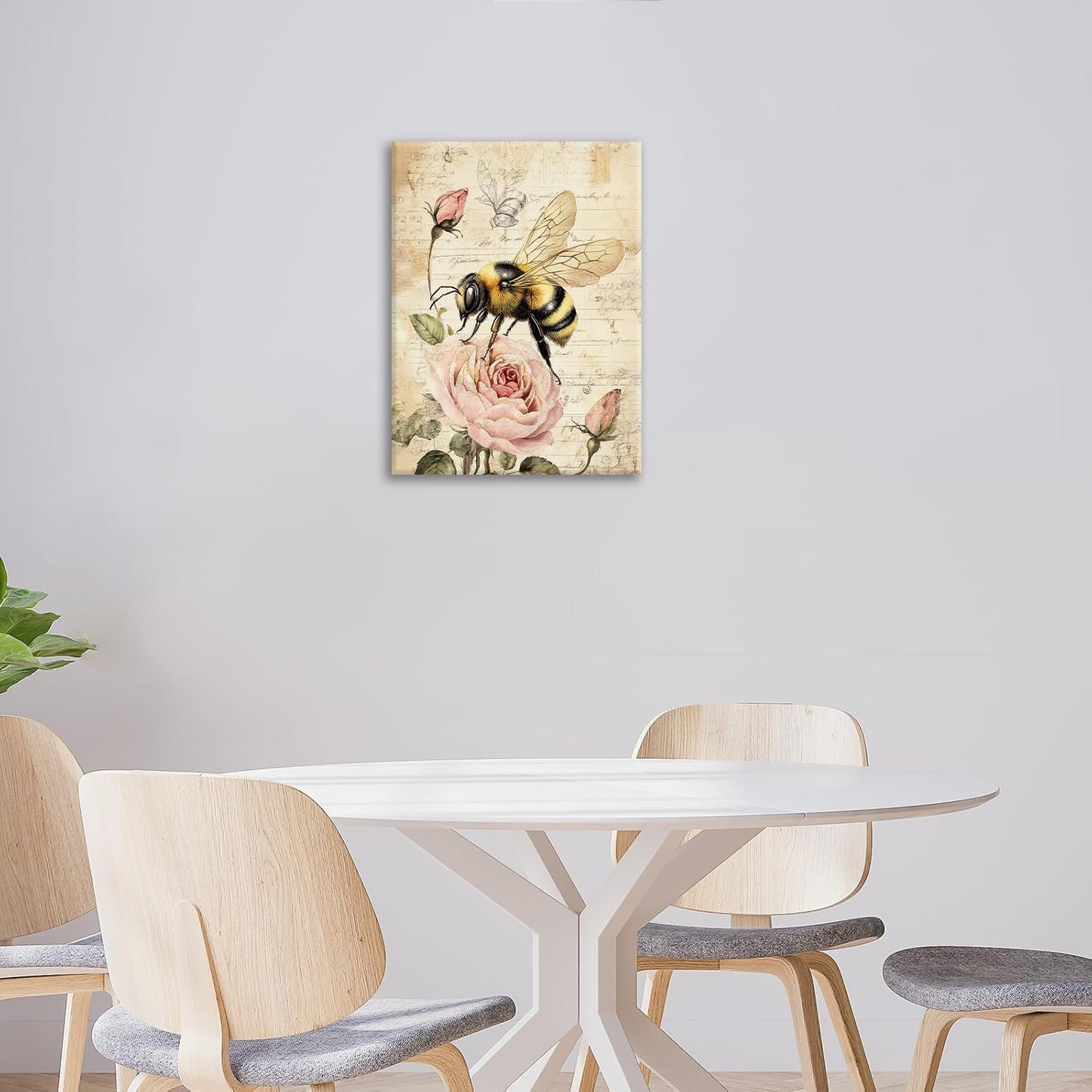 Rustic Bee Bathroom Pictures Wall Art, Vintage Floral Bathroom Wall Decor, Pink Rose Flower Framed Painting Canvas Artwork for Bedroom Living Room Decorations 20"L x 16"W