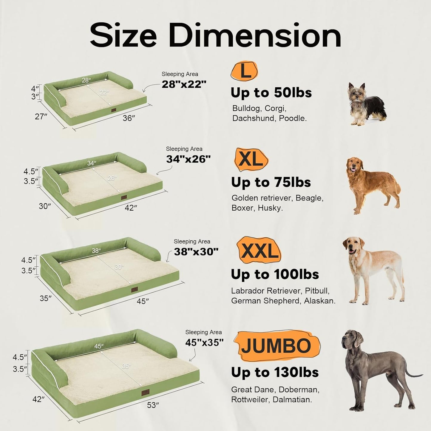 Large Dog Bed Orthopedic Washable - Beds Bolster - Extra Large Big Dogs - Memory Foam Couch Sofa - Waterproof with Removable Cover - Grass Green Dog Bed