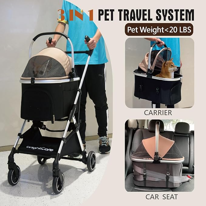 3-in-1 Small Pet Carrier with Stroller for Small Dogs & Cats Under 20 lb – Removable Carrier Converts to Car Seat – Lightweight, One-Hand Fold, No-Zipper Entry