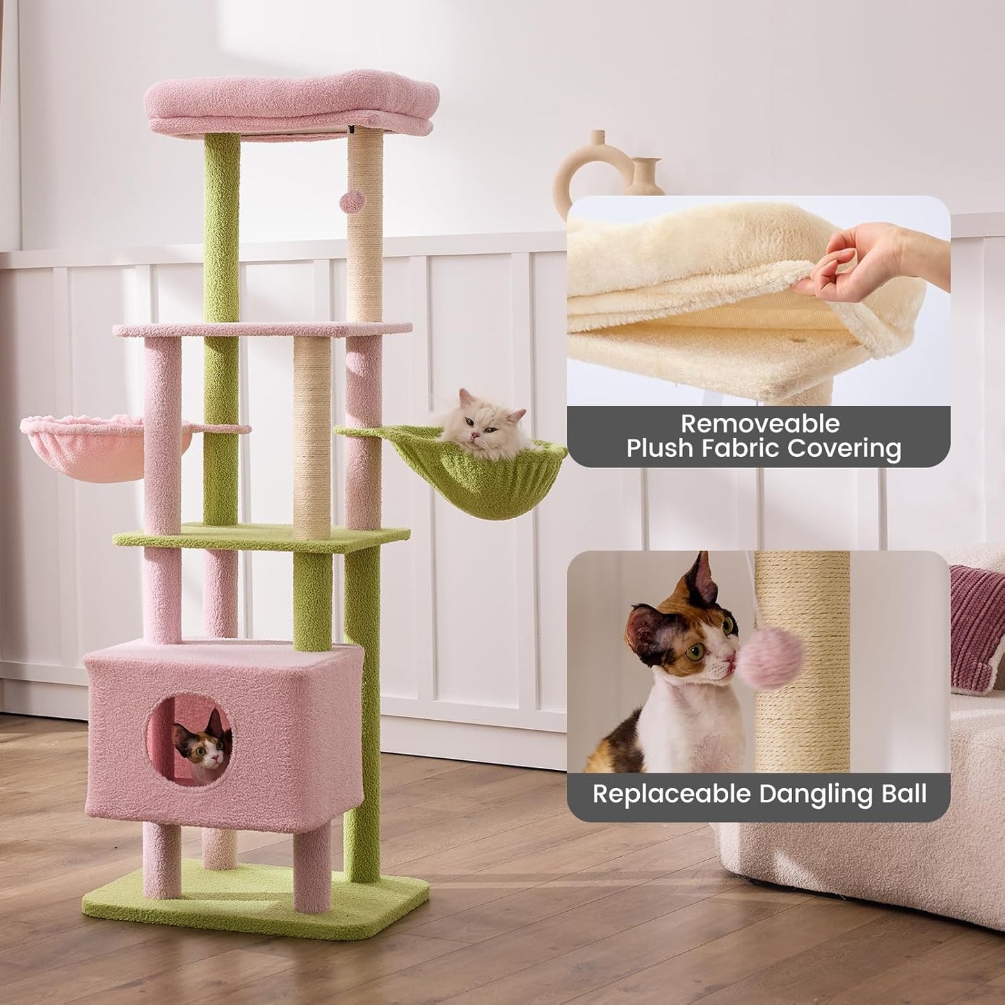 Gardner Pet 65in Heavy Duty Cat Tree Tower for Large Cats, Multi-Level Cat Furniture with Replaceable Sisal Scratching Post, Hammock | Extra-Large Platform & Condo (Pink&Green, Basic φ:2.84")