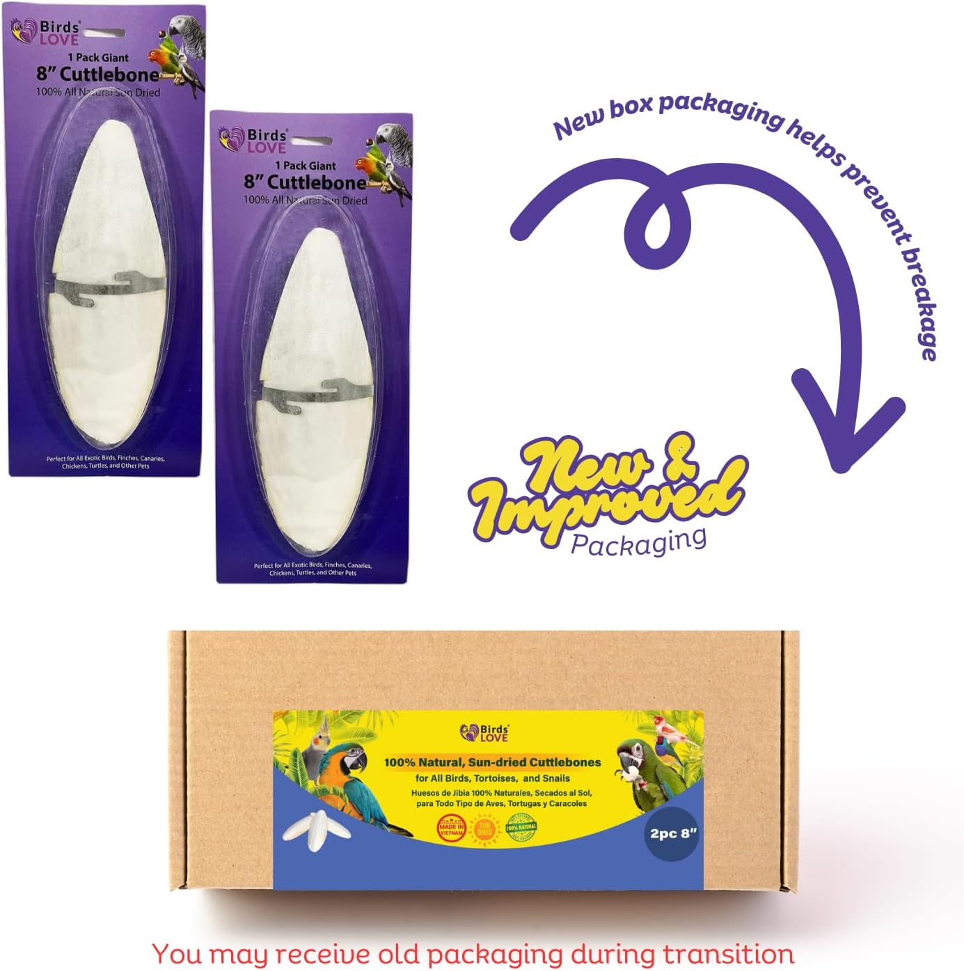 Birds LOVE 2 pc 7.5–8″ Sun-Dried Natural Cuttlebone Kit | 100 % Pure Calcium Supplement for Birds, Tortoises, Snails & Crabs | Beak & Shell Health with Metal Holder