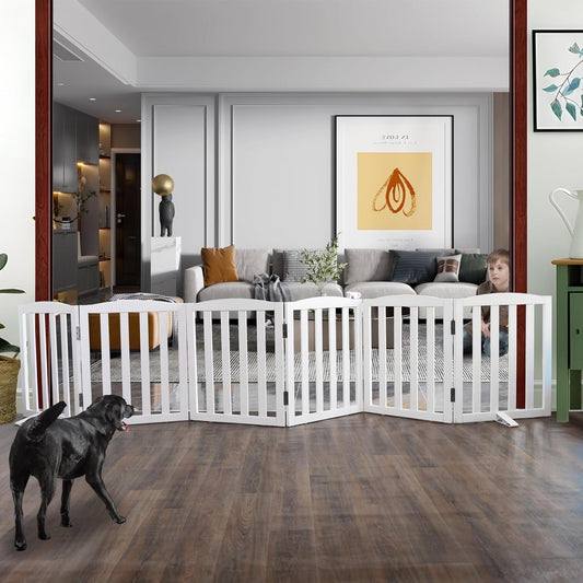 ZJSF Foldable Freestanding Indoor Dog Gate for House Wood White Long Pet Gates Dog Fence for Stairs Puppy Gates for Hallways,Pet Fence, Puppy Gate,Support Feet Included 24 "Height-6 Panels