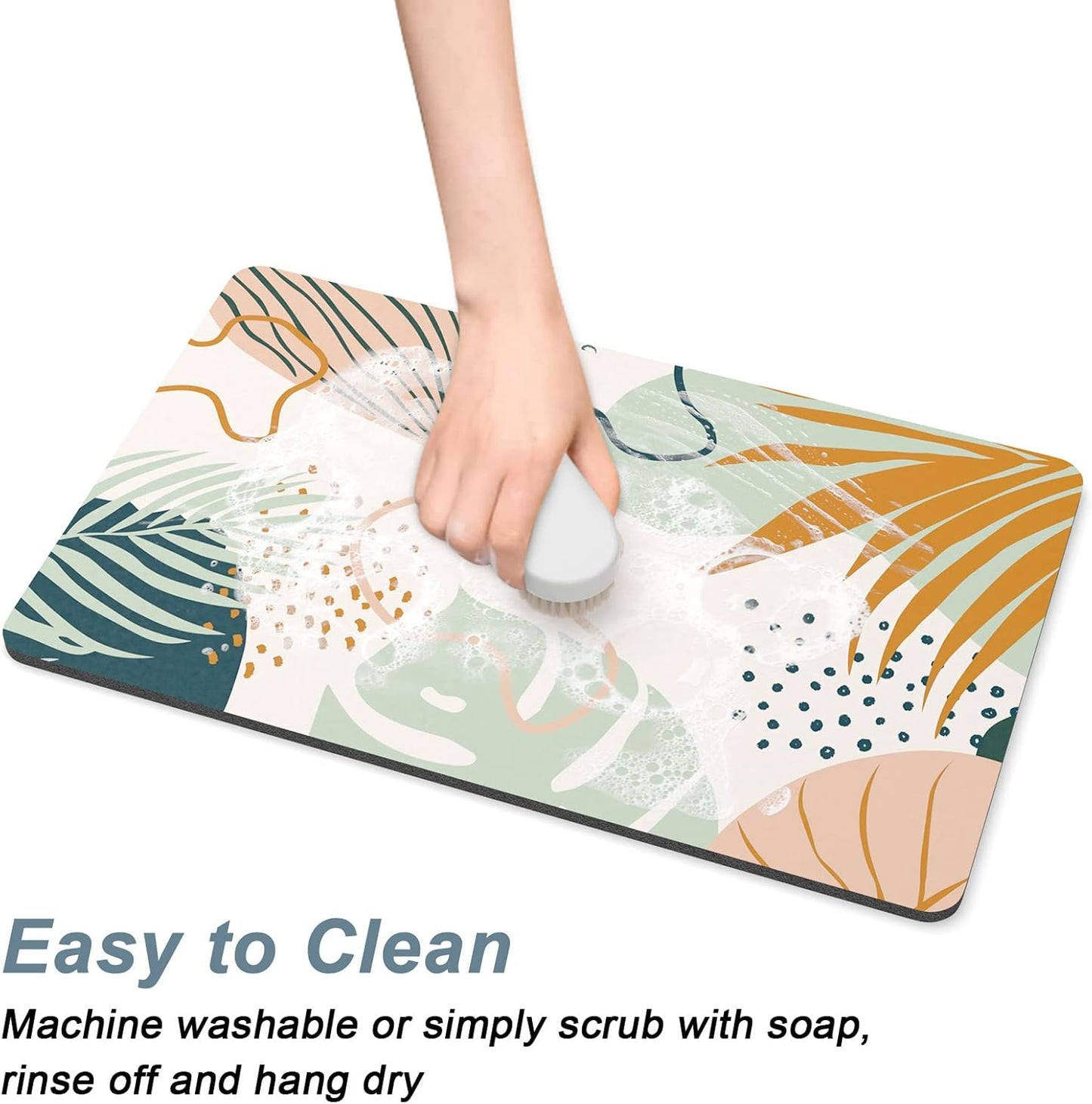 Rnivvi Dog Food Mat, 12" x 19" Boho Absorbent Dog Cat Bowl Mat for Food and Water, 3MM Anti-Slip Rubber Pet Feeding Rug Protect Floors, Puppy Placemat for Feeding & Watering Supplies, Tropical Leaves