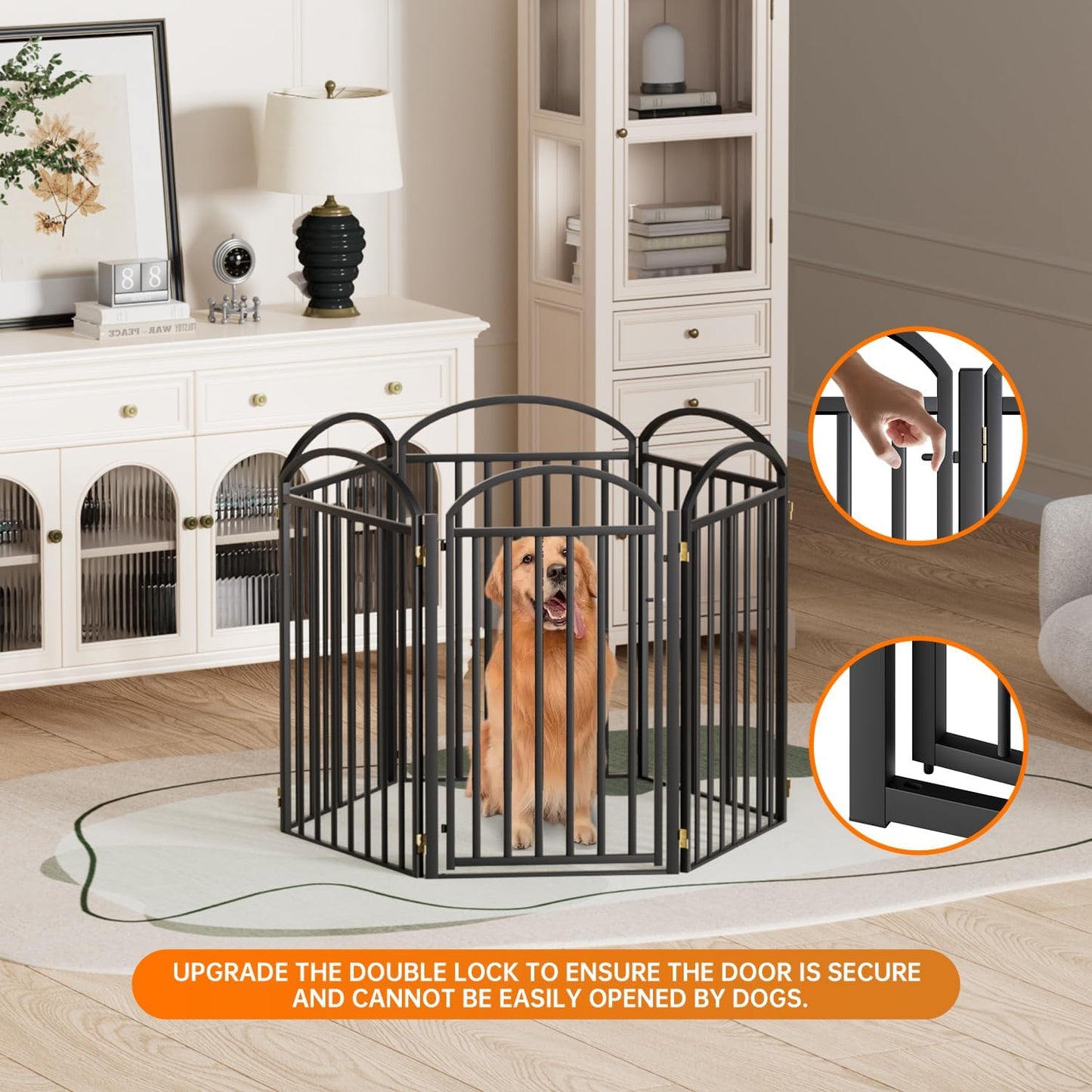 6 Panles Full Matel Freestanding Dog Gates with Door, 144"Extra Wide 36"Tall Free Standing Dog Pet Gate for Indoor & Outdoor. Foldable Pet Fences for Doorways, House, Stairs, Porch, Deck, Yard