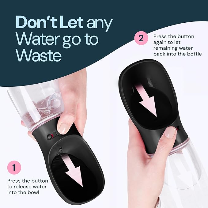 MalsiPree Dog Water Bottle - 19 Oz, Black, BPA-Free Stainless Steel - Portable & Lightweight Water Dispenser with Bowl for Dogs - Leak-Proof & No-Waste Design for Travel