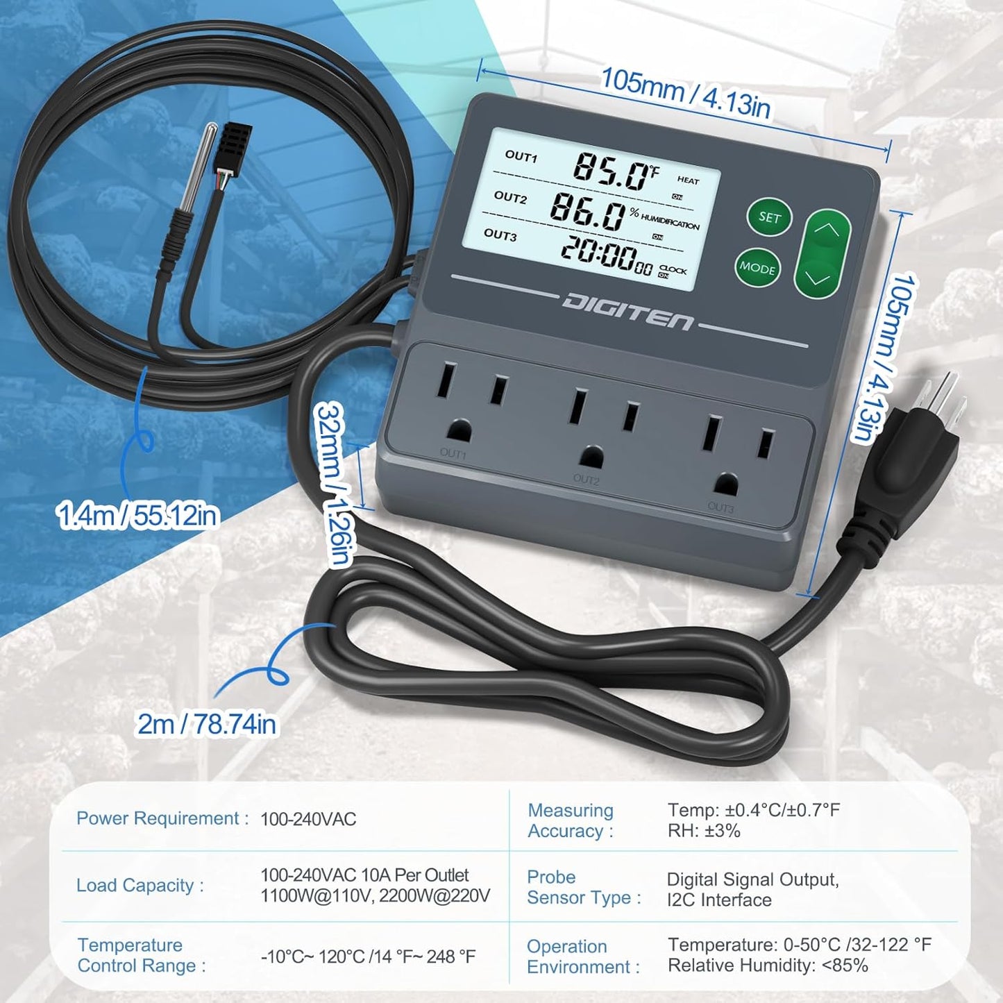 DIGITEN Temperature and Humidity Controller with Timer - 3 Outlet, 2 Separate Probes, Plug in Temperature Controller for Reptiles,Snake, Mushrooms, Tent, Triple Control for Temp,Humidity,Time