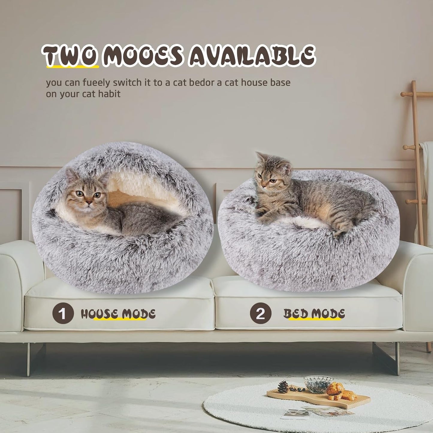 Cat Bed for Indoor Cats, Calming Cozy Cave with Self-Warming Plush, Entire Bed Machine Washable & Anti-Slip Base, Breathable Pet Bed for Small Cats&Dogs All Seasons (Khaki, 24 * 24inch)