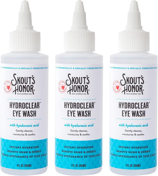 SKOUT'S HONOR HydroClear Eye Wash with Hyaluronic Acid, 4oz Bottle - Non-Medicated, Daily Eye Care for Dogs & Cats, 3-Pack