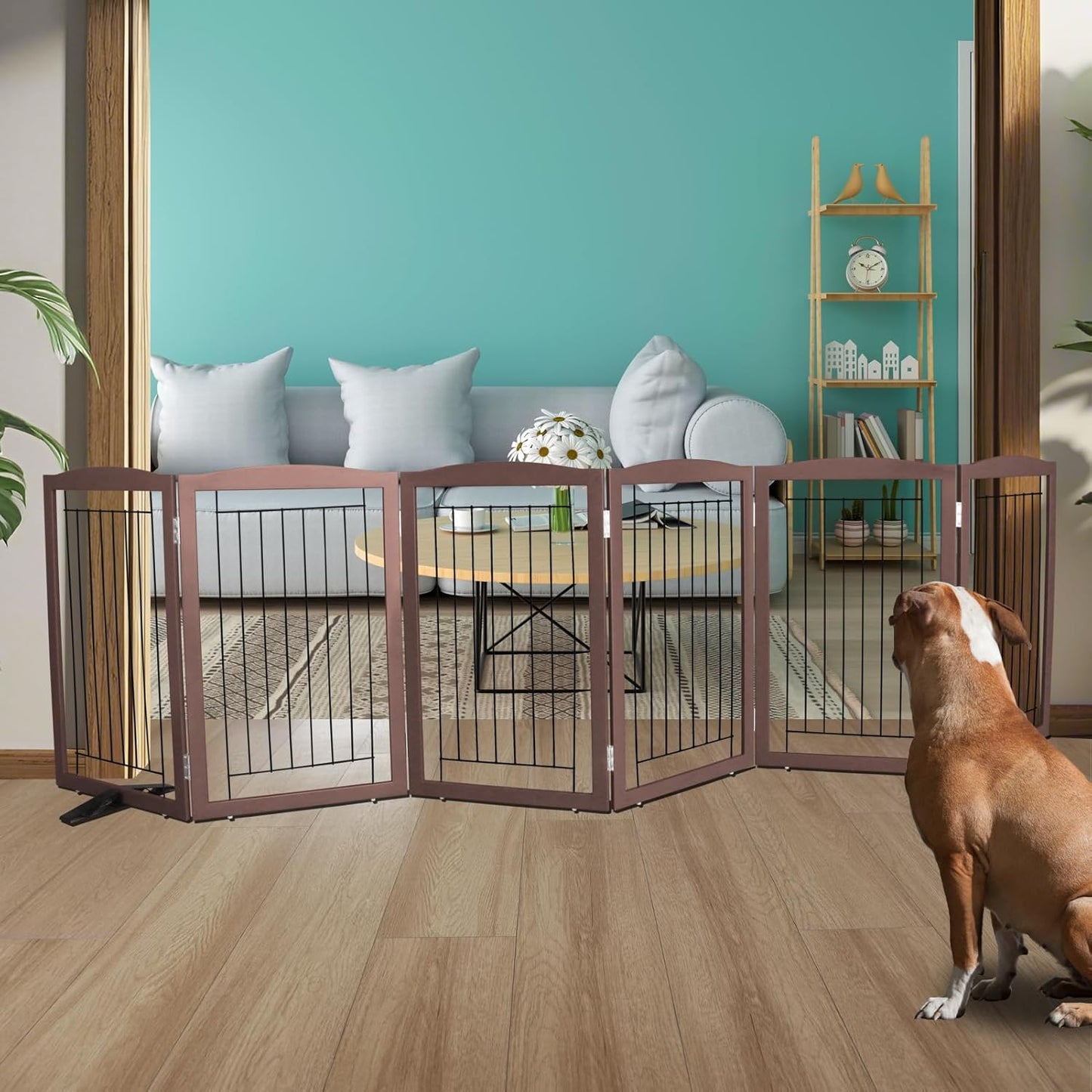 ZJSF Freestanding Dog Fence Indoor, Foldable Dog Gate for Doorways, Stairs or Hallways, Sturdy Wood Extra Wide Pet Gate with Support Feet for The House, Brown, 32 "Height-6 Panels