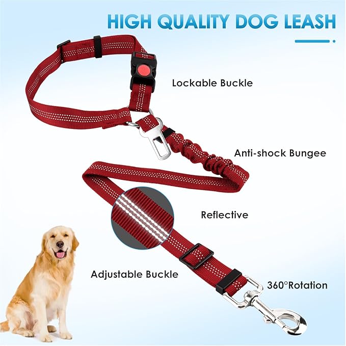 Lukovee Dog Seatbelt Leash for Cars, 2 Pack Pet Safety Seat Belt with Adjustable Buckle & Reflective Bungee, Connect Dog Harness in Vehicle Dogs Restraint Travel Daily Use (Red)