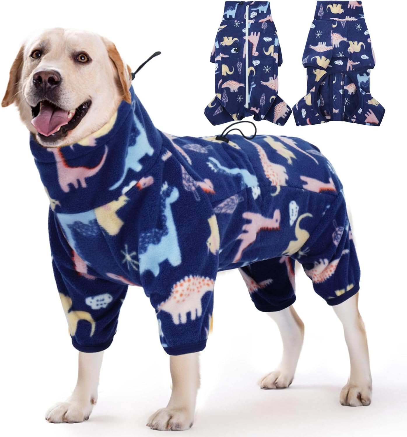 ROZKITCH Large Dog Clothes Soft Fleece Pullover Pajamas, Pet Windproof Warm Cold Weather Jacket Vest with Reflective Zipper, Jumpsuit Apparel Outfit Clothes for Large Dog Dinosaur 3XL