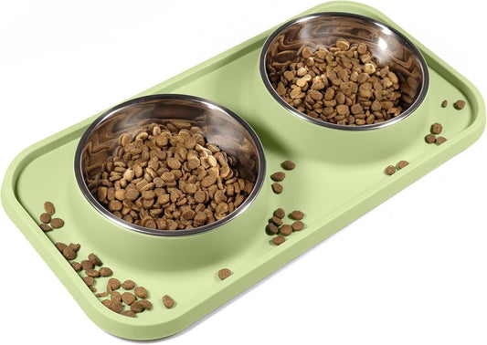 Cat Food Bowls, Cat Bowls Non-Skid and Non-Spill Silicone Pads with PP Stand, Removable Stainless Steel Food and Water Dishes for Cats, Small Size Dogs