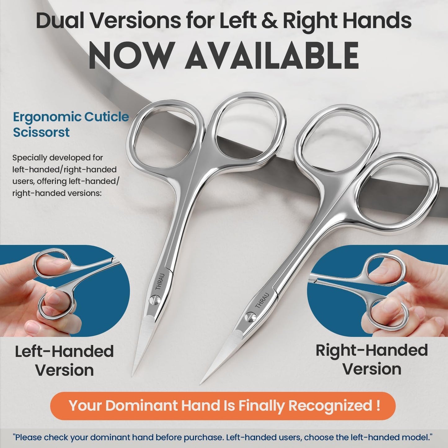 THRAU Left-Handed Cuticle Scissors – Surgical Grade Stainless Steel with Sharp Curved Tip for Cuticles, Nails, Eyebrows, Eyelashes, Nose Hair & Beard – Ideal for Manicure & Precise Grooming