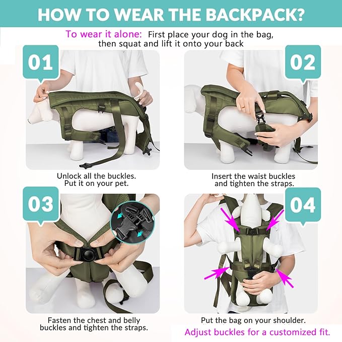 Lukovee Dog Backpack Carrier, Legs Out Easy-fit Dog Front Carrier for Small Medium Dogs, Adjustable Hands Free Dog Chest Carrier for Hiking Cycling (Green,Small)