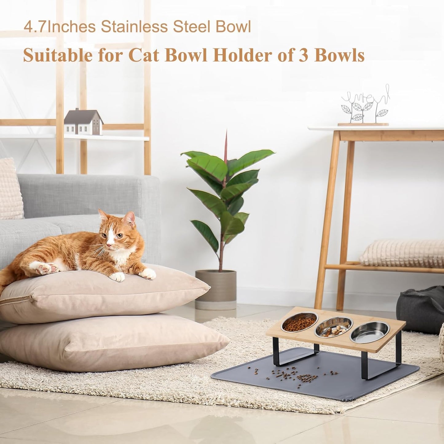 Stainless Steel Raised Cat Food Bowl for 3 Bowls, 4.7-Inch Replaceable Cat Bowl, 3 Pack （Only fit 4.7 inch 3 Bowls）