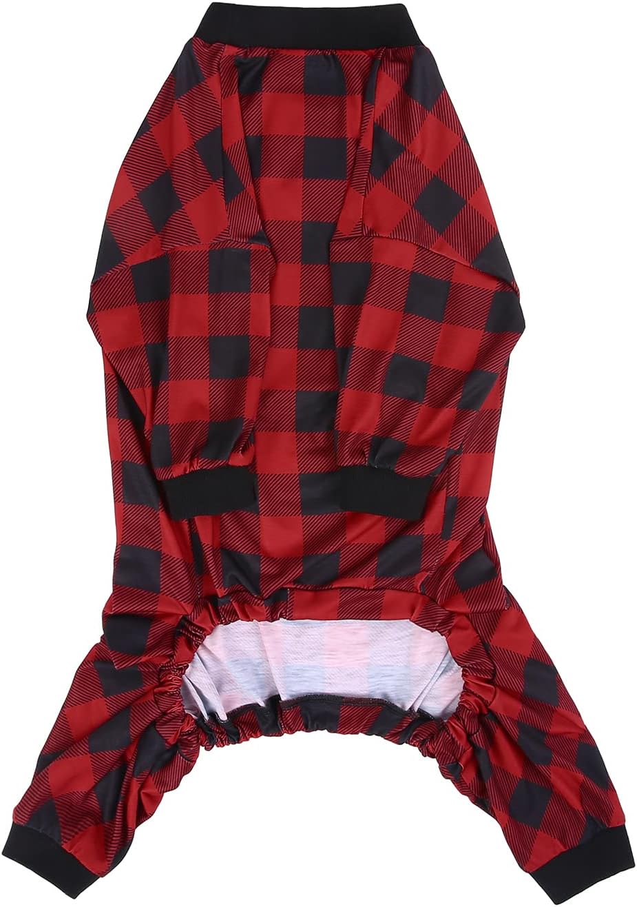 HDE Dog Pajamas One Piece Jammies Jumpsuit Pet Clothes Outfit Stretchy Lightweight Comfy Shirt Pjs for M-3XL Dogs Buffalo Plaid - XL