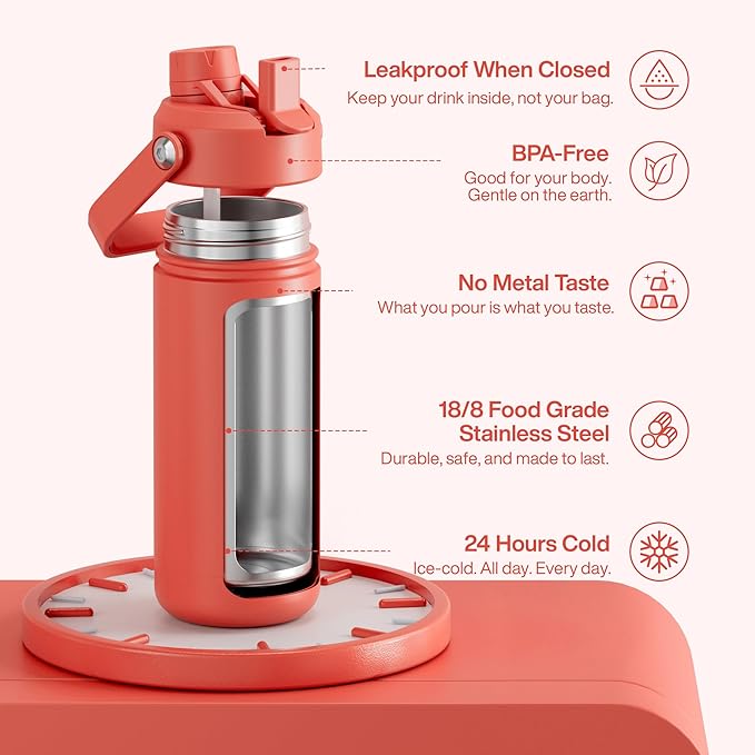 Insulated Water Bottle with Straw Stainless Steel Water Bottle, Leak-Proof, BPA-Free, Double Wall Vacuum Keeps Cold for 24 Hours for Sports, Travel, School (18 oz, Tawny Orange)