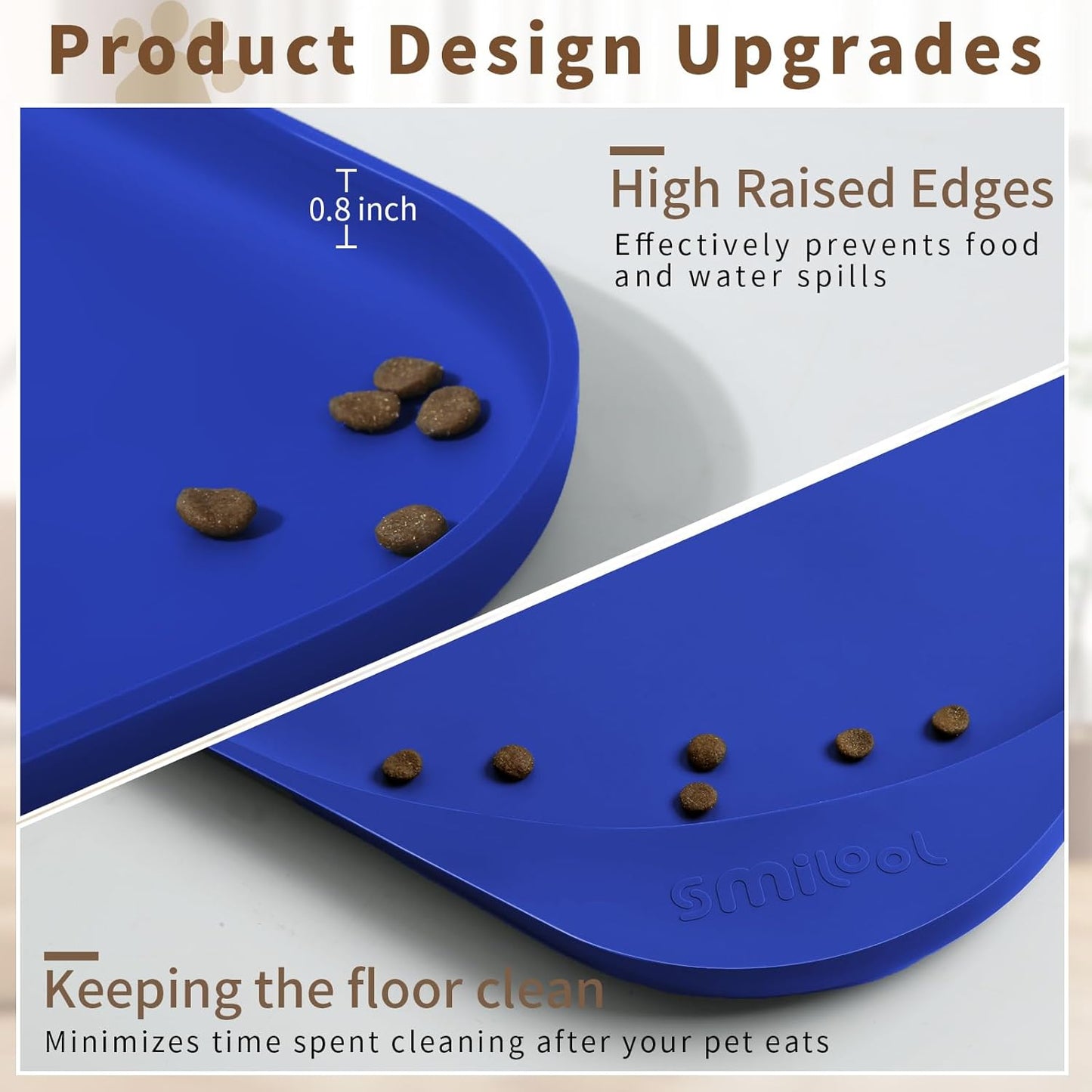 Silicone Pet Feeding Mat with Raised Edge & Residue Collection Pocket for Food and Water, Dog Bowl Mats, Cat Bowls Placemat with High Lip for Floor Waterproof, 24 x 16 x 0.8 Navy Blue