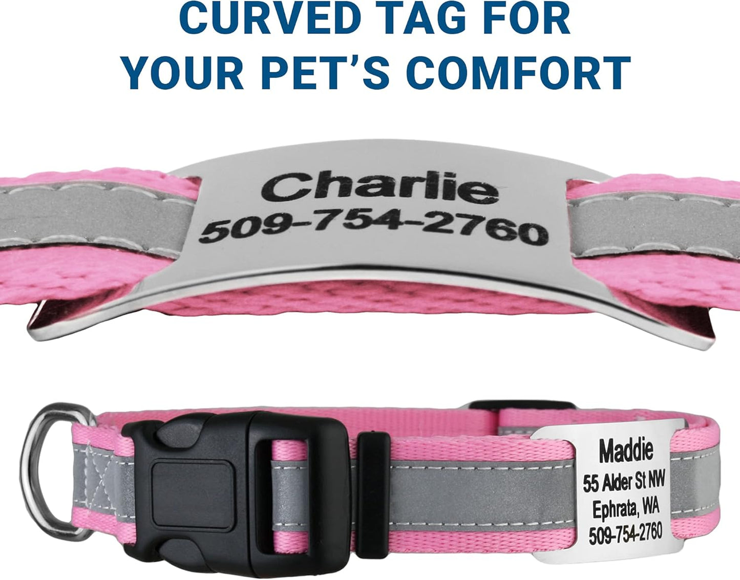 GoTags Reflective Personalized Dog Collar with Nameplate, Adjustable Dog Collar with Custom Engraved Steel Slide On Pet ID Tag, Silent, No Noise Dog Tag for Large Medium or Small (Pink, Small)