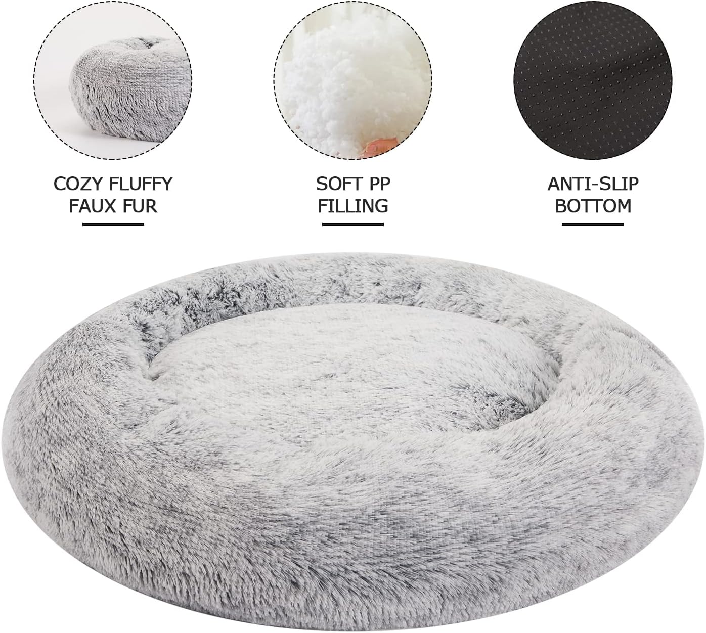 Bedfolks Calming Donut Dog Bed, 30 Inches Round Fluffy Dog Beds for Medium Dogs, Anti-Anxiety Plush Dog Bed, Machine Washable Pet Bed (Dark Grey, Medium)