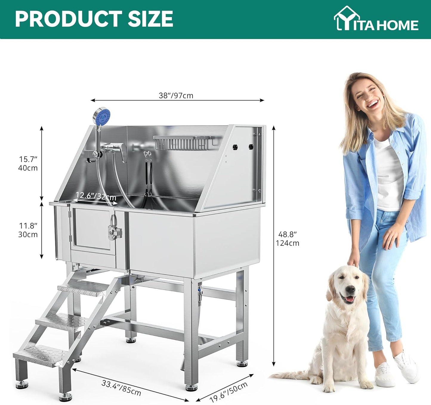 YITAHOME Dog Grooming Bathtub 38in, Professional 304 Stainless Steel Dog Bathing Station Tub w/Left Stairs, Faucet, Floor Grate, Pet Washing Station for Small, Medium, Indoor, Outdoor