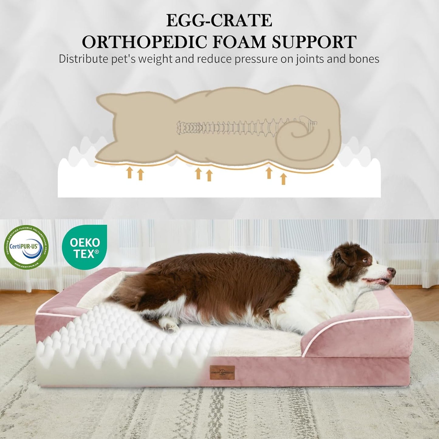 Comfort Expression Large Dog Beds Waterproof Orthopedic Foam Dog Beds for Large Dogs Sofa Comfy Pet Bed with Non-Slip Bottom & Washable Removable Cover(Pink)