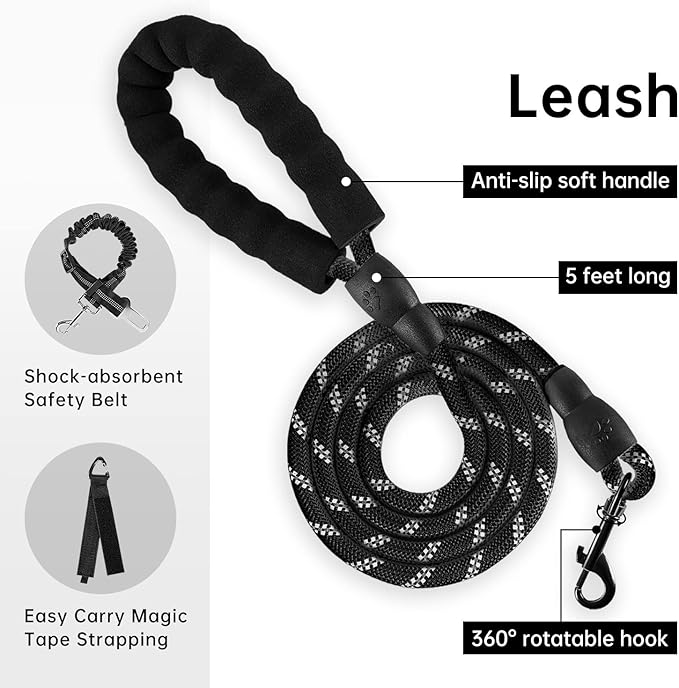 IVY&LANE No Pull Dog Harness for Large Dogs, Dog Vest Harness with Leash, Safety Belt and Storage Strap, Fully Adjustable Harness, 360° Reflective Strip, Soft Handle (Black, L)