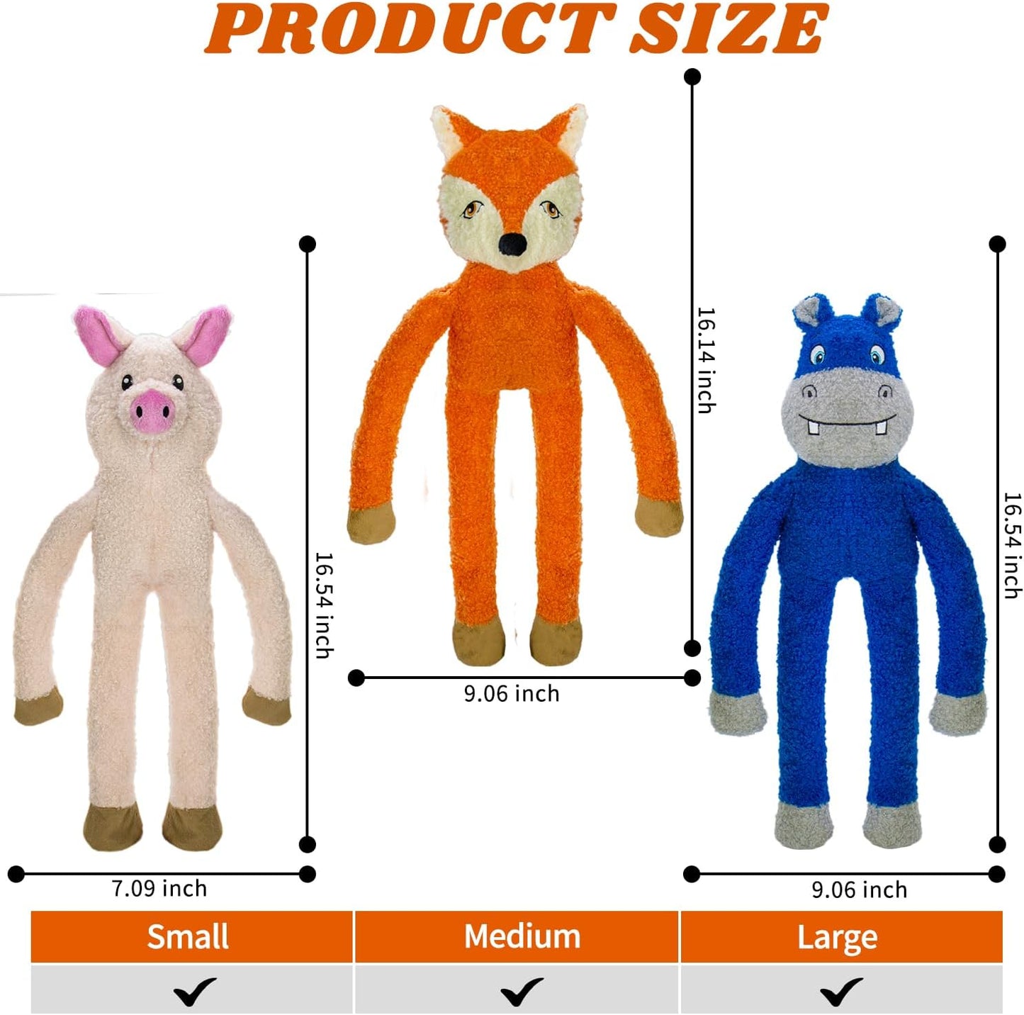 3 Pack No Stuffing Crinkle Squeaky Interactive Plush Dog Toys for Aggressive Chewers to Keep Puppy Busy for Boredom Small & Medium Breeds Furry Friend Teething Orange Fox Pink Pig Blue Hippo