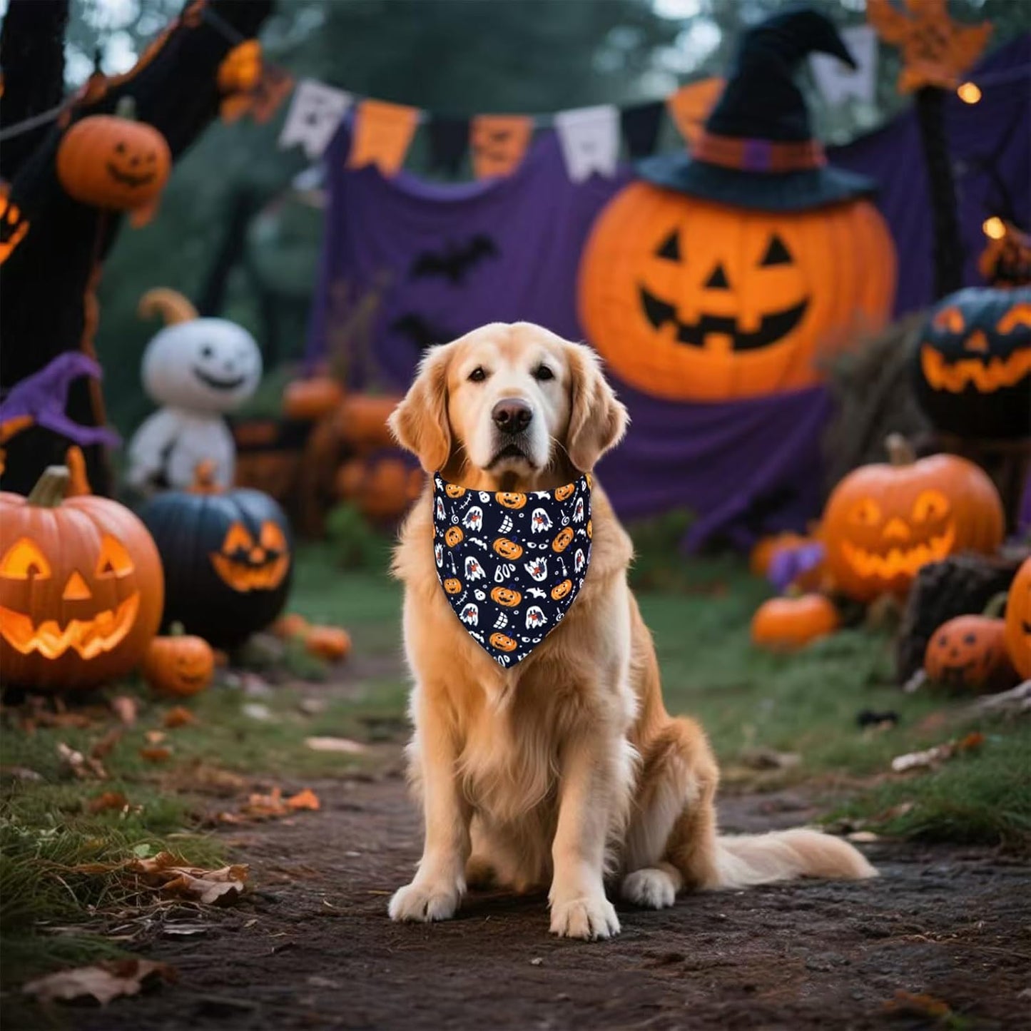 Halloween Dog Bandana for Small Dogs - Reversible Black Skull Pumpkin Print Scarf - Soft & Quick-Dry for Costume Parties