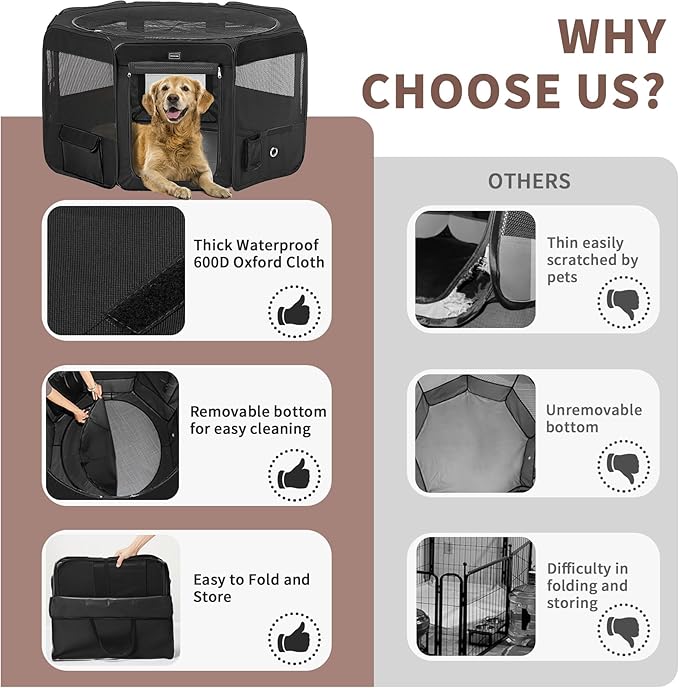 DONORO Dog Playpen Portable Pet Play Pens for Small Dog/Cat/Rabbit/Chicks, Cat Playpen Indoor/Outdoor with Carring Case, Removable Zipper Top and Bottom (Black, Medium (36"x36"x20"), 8)