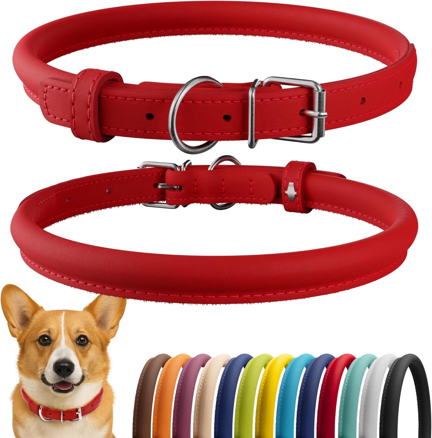 CollarDirect Rolled Leather Dog Collar, Soft Padded Round Puppy Collar, Handmade Genuine Leather Collar Dog Small Large Cat Collars 13 Colors (11-14 Inch, Red Smooth)
