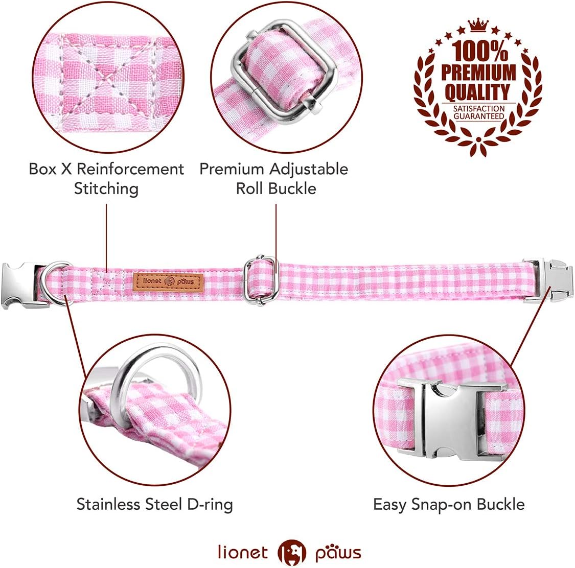 Lionet Paws Dog Collar with Bowtie, Comfortable Adjustable Cute Pink Gingham Bow Tie Collar for Female Dogs Gift, Large, Neck 16-24 inches