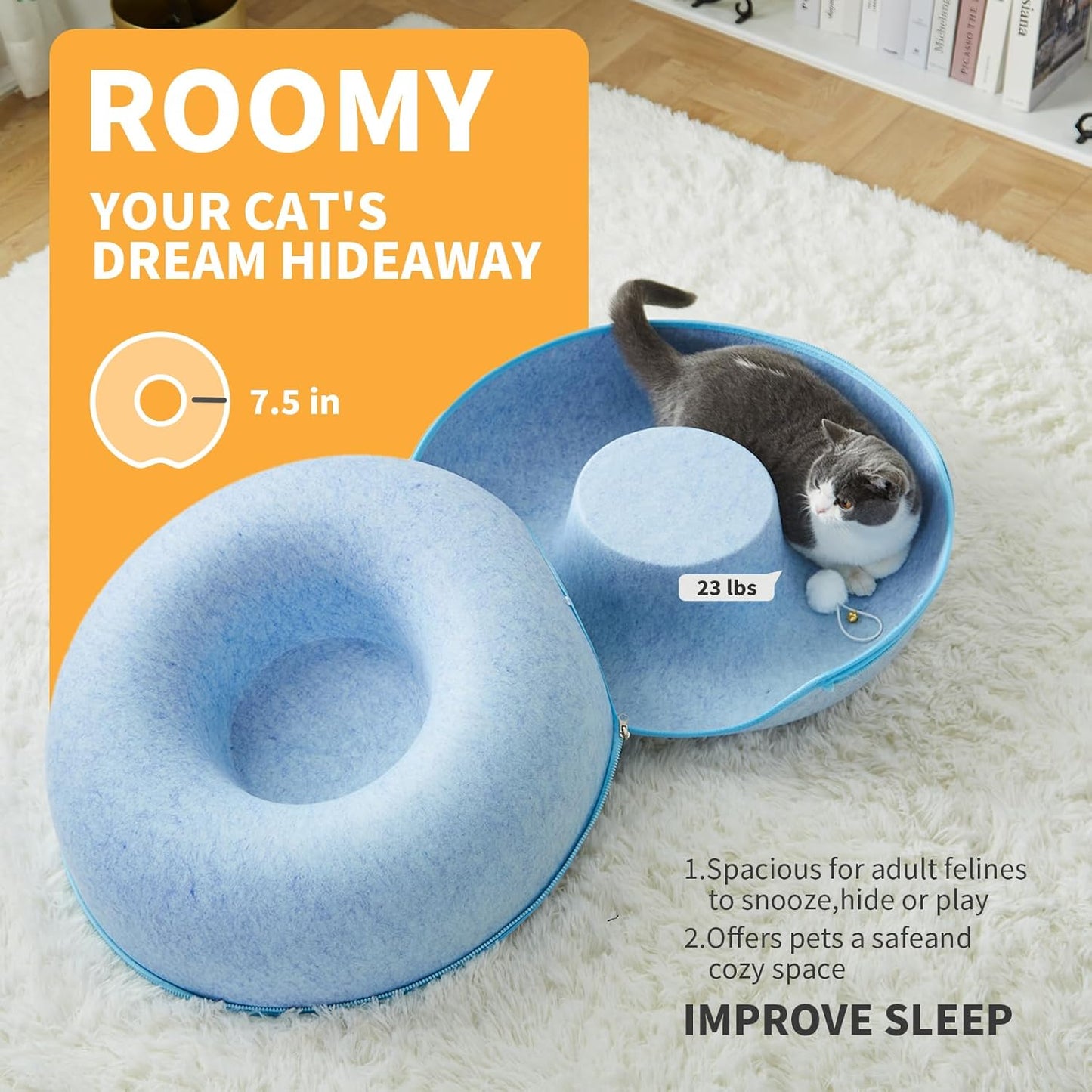 Jia Xi Cat Tunnel Bed and Hideout, Large Indoor Cat Condo with Cave (24 inch, Blue)