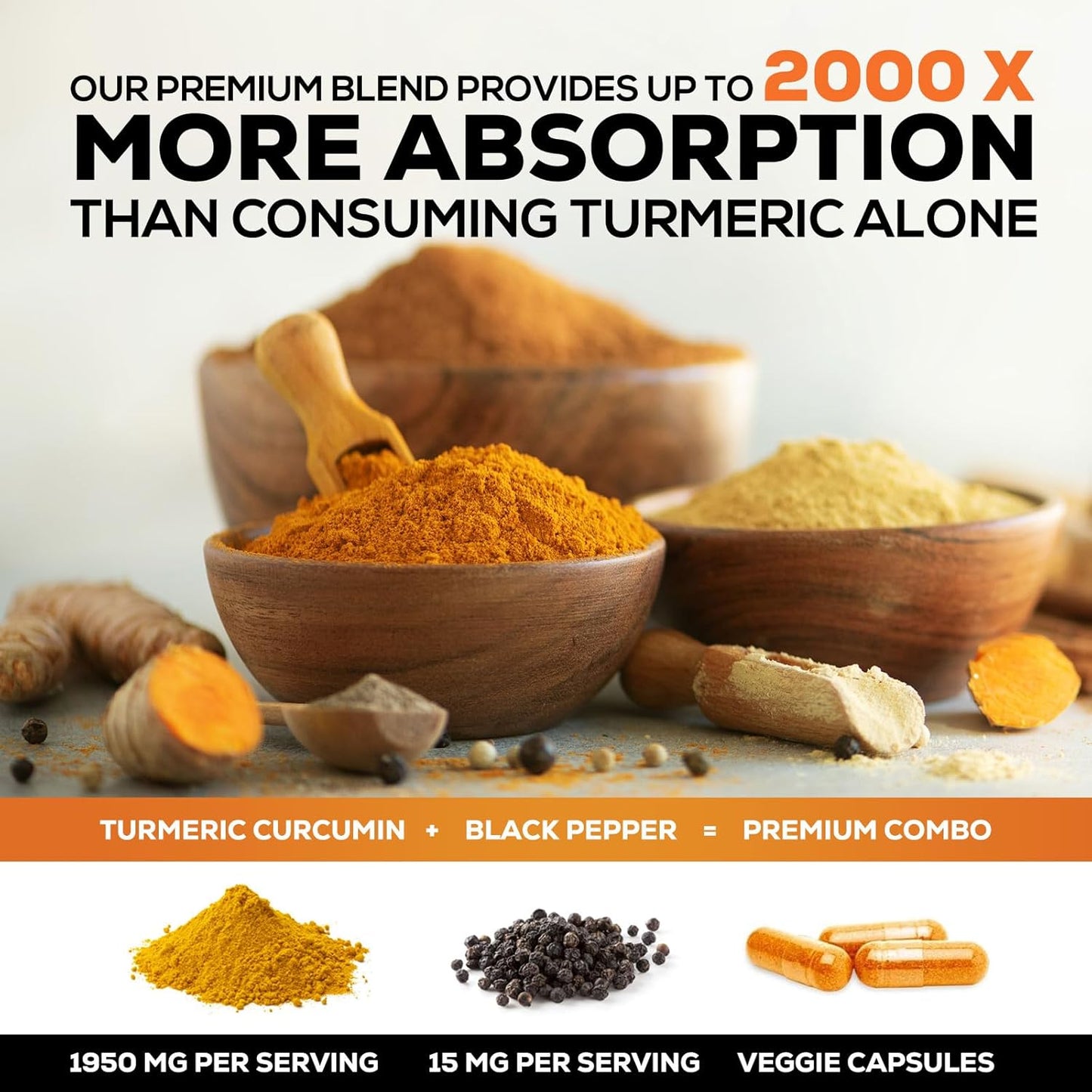 Turmeric Curcumin Supplement 1950mg - 95% Curcuminoids with Organic Turmeric & BioPerine Black Pepper Extract for Best Absorption, Nature's Vegan Joint Support, Non-GMO, Bottled in USA - 120 Capsules