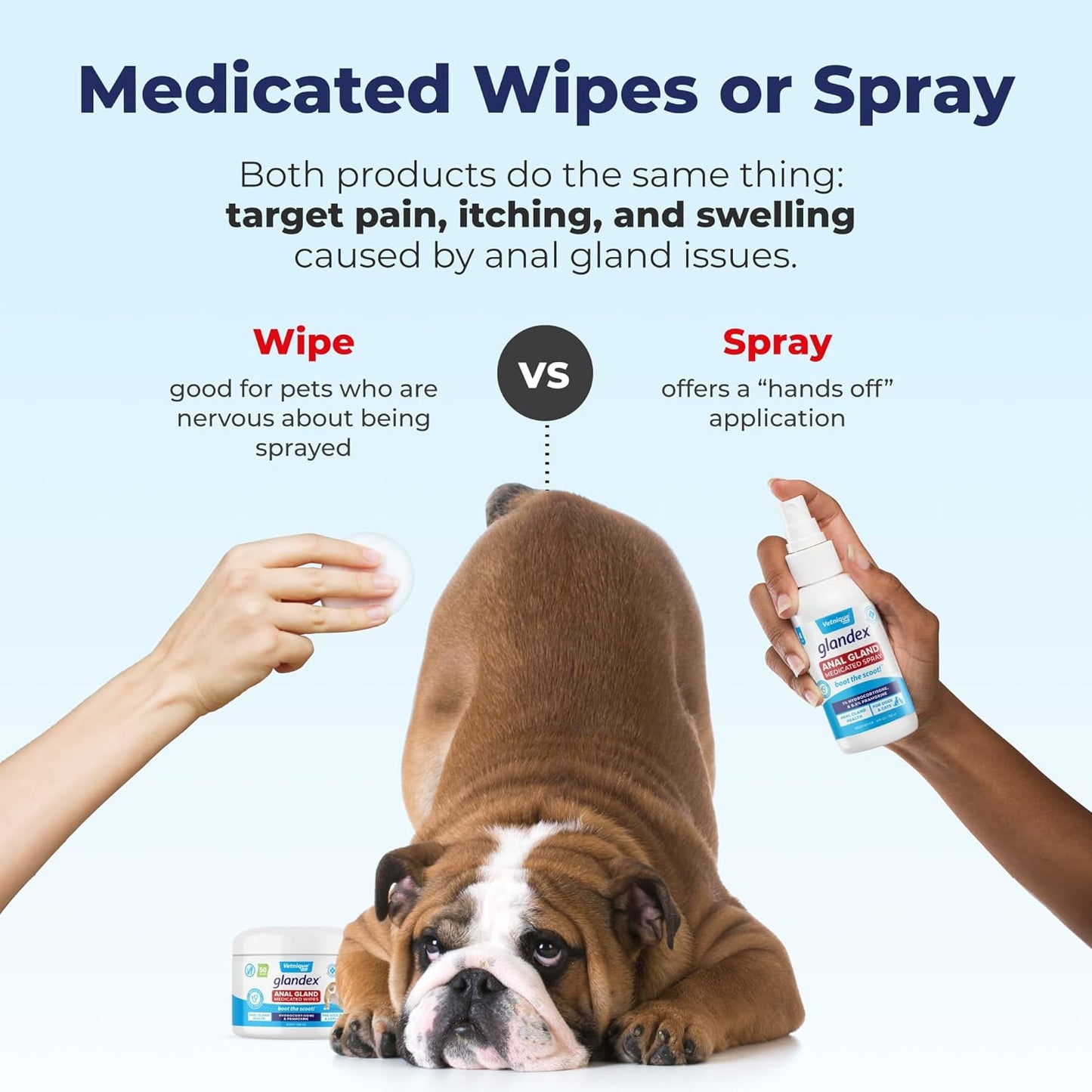 Vetnique Glandex Medicated Dog Butt Wipes or Spray for Dog Scooting - Topical Anti Itch Skin Relief for Soothing Inflamed Anal Glands in Dogs & Cats - Fast Acting Formula 50ct (50ct Wipes)