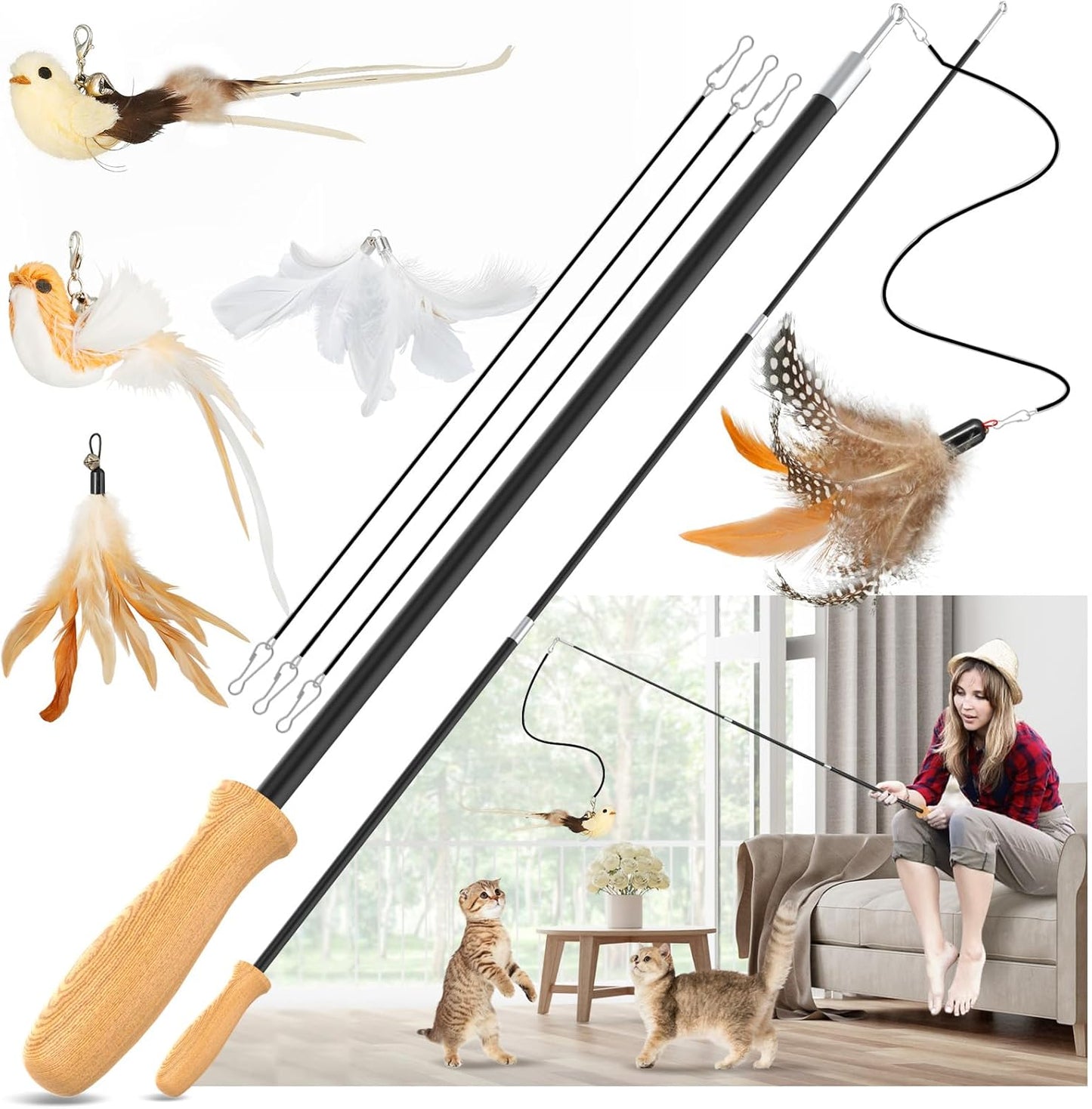 ROSAUI Cat Teaser Wand Toys, Interactive Bird Toys for Indoor Kittens, 42.15’’ Long Cat Fishing Pole Toys, 2Pcs Wires and 5Pcs Natural Refills, Sustainable Wooden Handles, Exercising, Playing