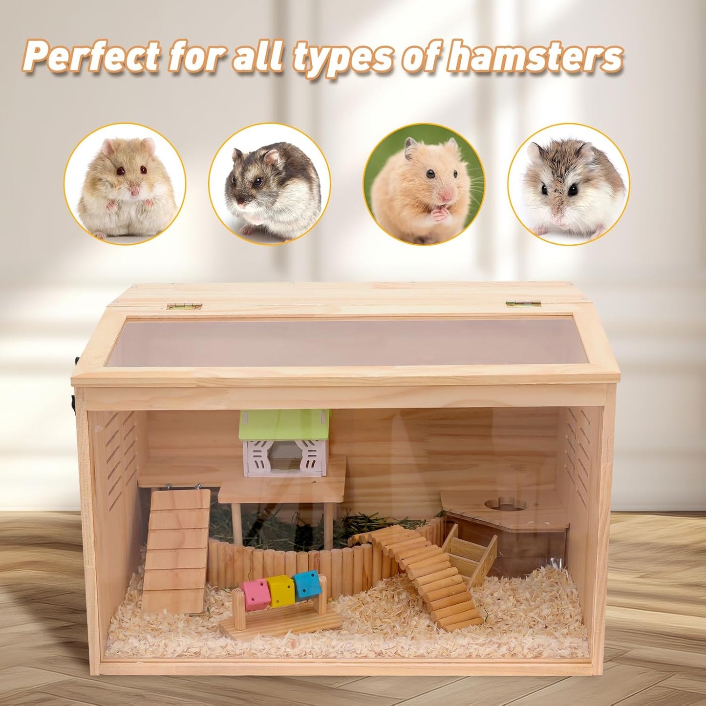 Wooden Hamster Cage,24" Lx16 Wx16 H,Animal Cabinet for Dwarf Syrian Hamsters Degus, Hamster Habitat with Openable Top and Large Acrylic Sheets.