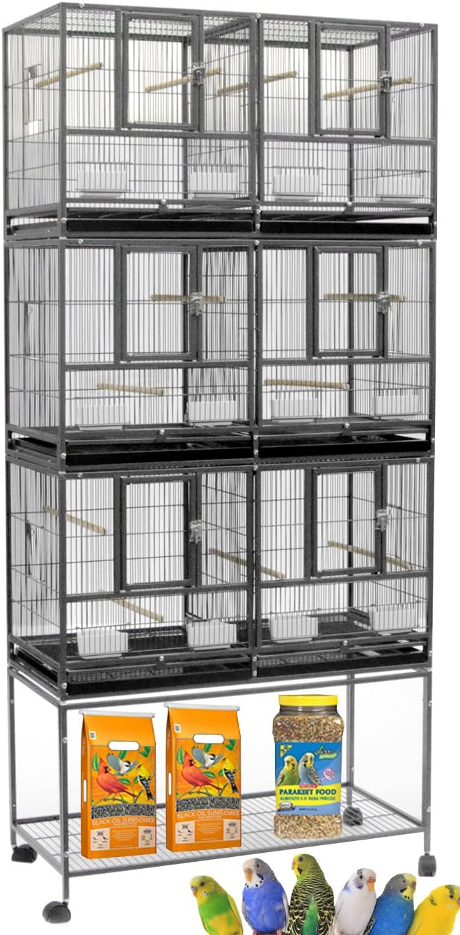 Combo Breeding Stacker Center Divided Breeder Bird Flight Double Rolling Cage with Side Breeding Nest Door (Black Vein, Triple Stack)