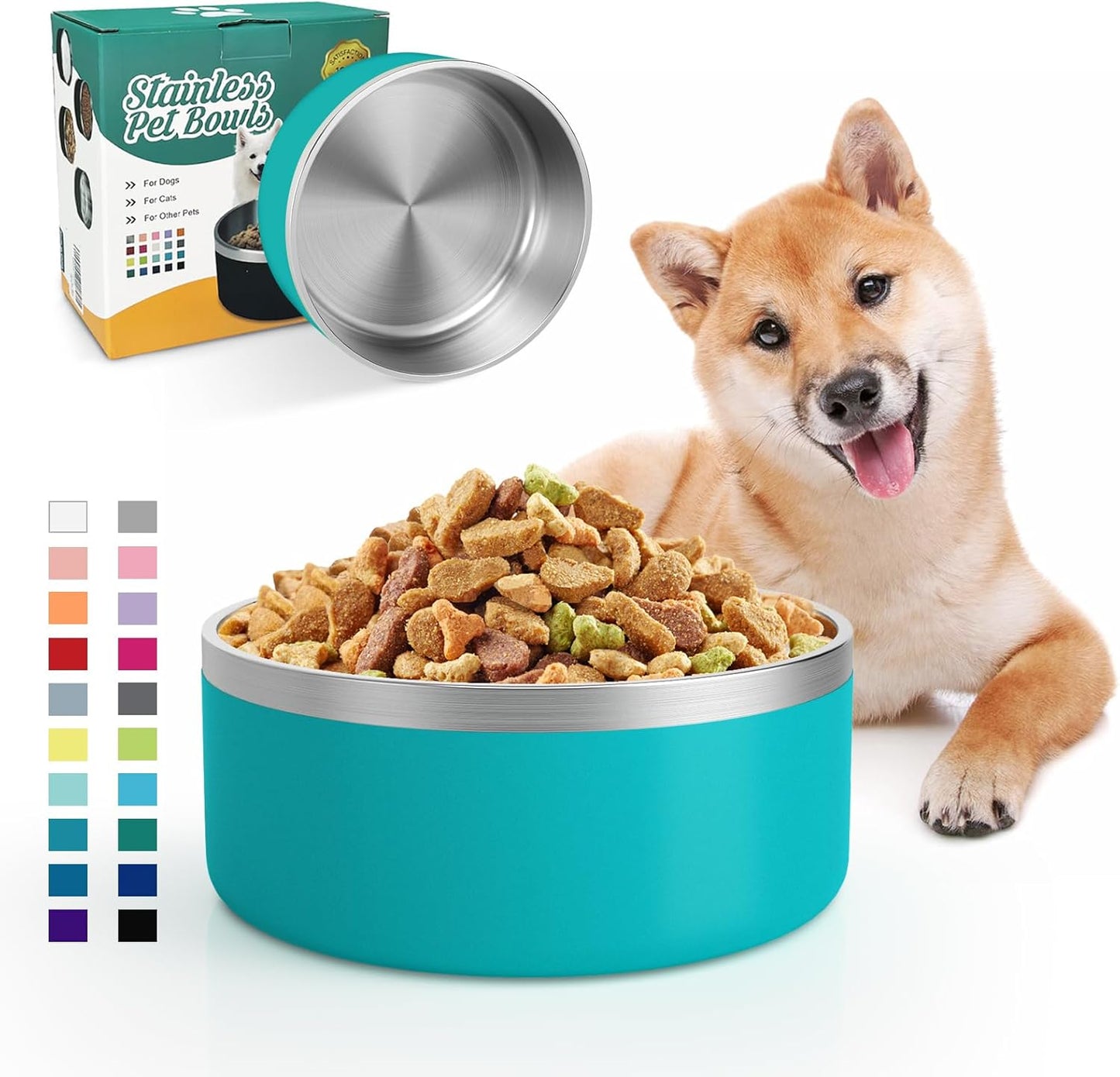 IKITCHEN Dog Bowl for Food and Water, 64 Oz Stainless Steel Pet Feeding Bowl, Durable Non-Skid Double Wall Insulated Heavy Duty with Rubber Bottom for Medium Large Dogs (64 Ounces/8 Cup, Lakeblue)