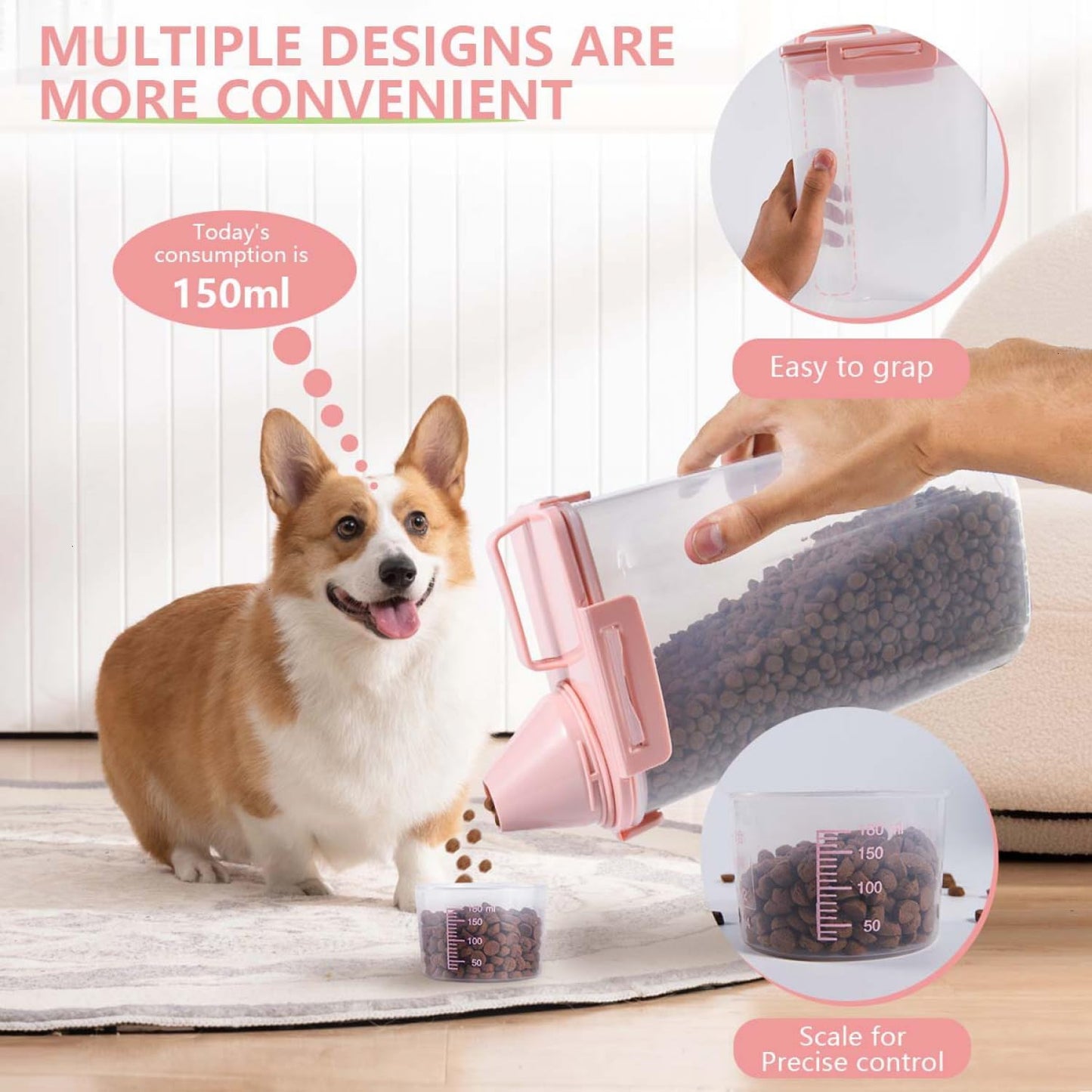 SenseYo 2.5lb Pet Food Storage Container with Measuring Cup, 3L Cat Food Storage Container Dog Food Storage BPA Free for Small Dog, Cat, Bird (Pink)